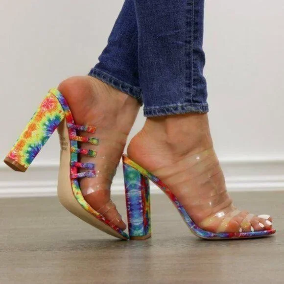 Tie Dye Heels Clear Straps Block Open Toe Multicolor Sandals - Picture 3 of 8